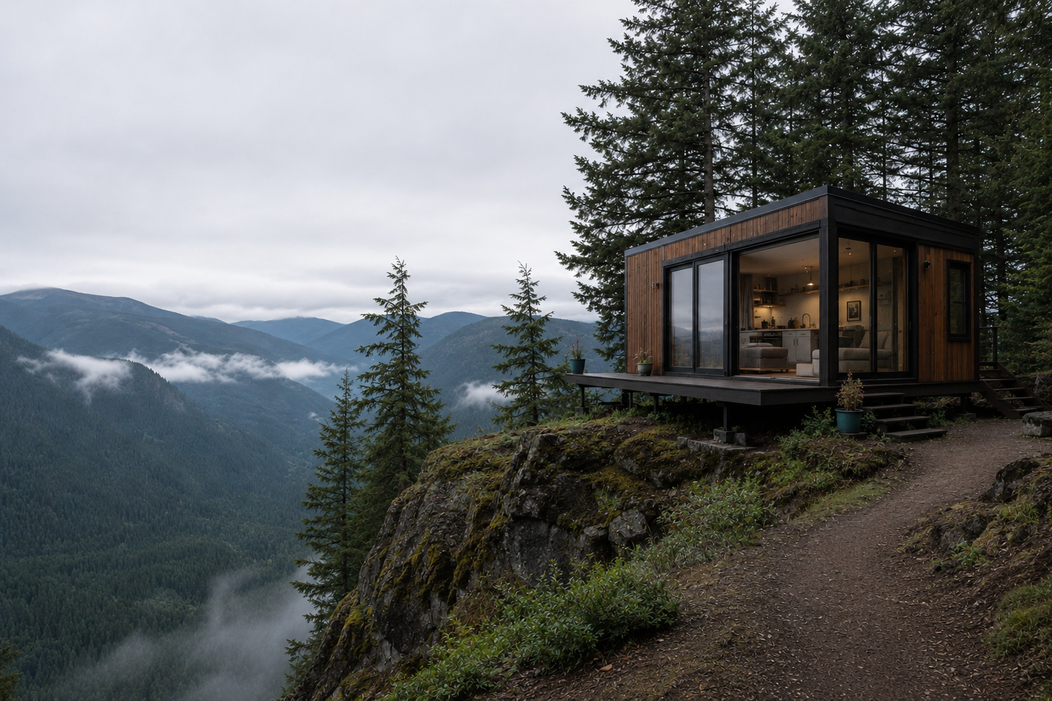 Modern tiny home in an evergreen forest